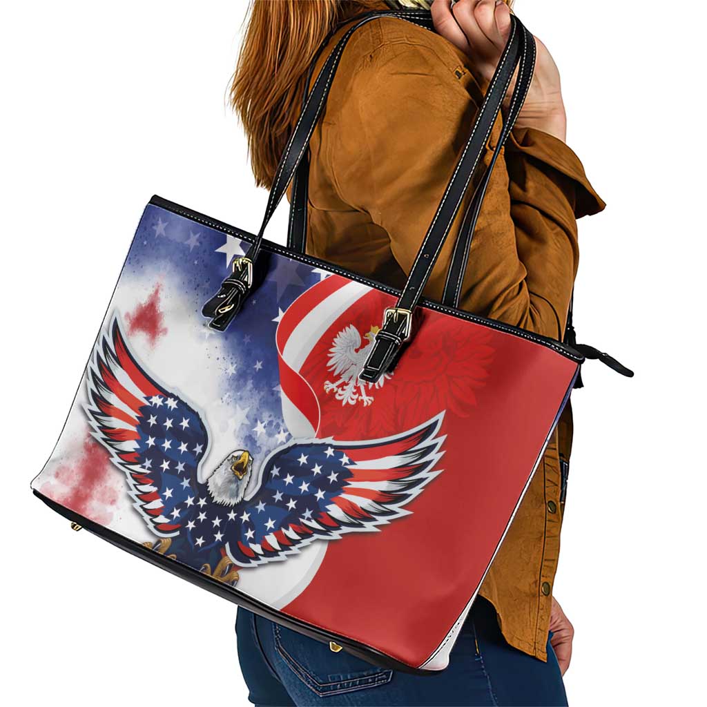 Polish American Heritage Month Leather Tote Bag USA Eagle and Poland Eagle with National Flag - Wonder Print Shop