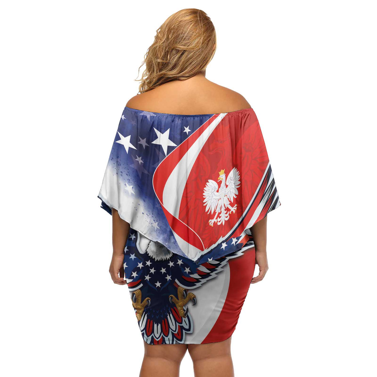 Polish American Heritage Month Off Shoulder Short Dress USA Eagle and Poland Eagle with National Flag - Wonder Print Shop
