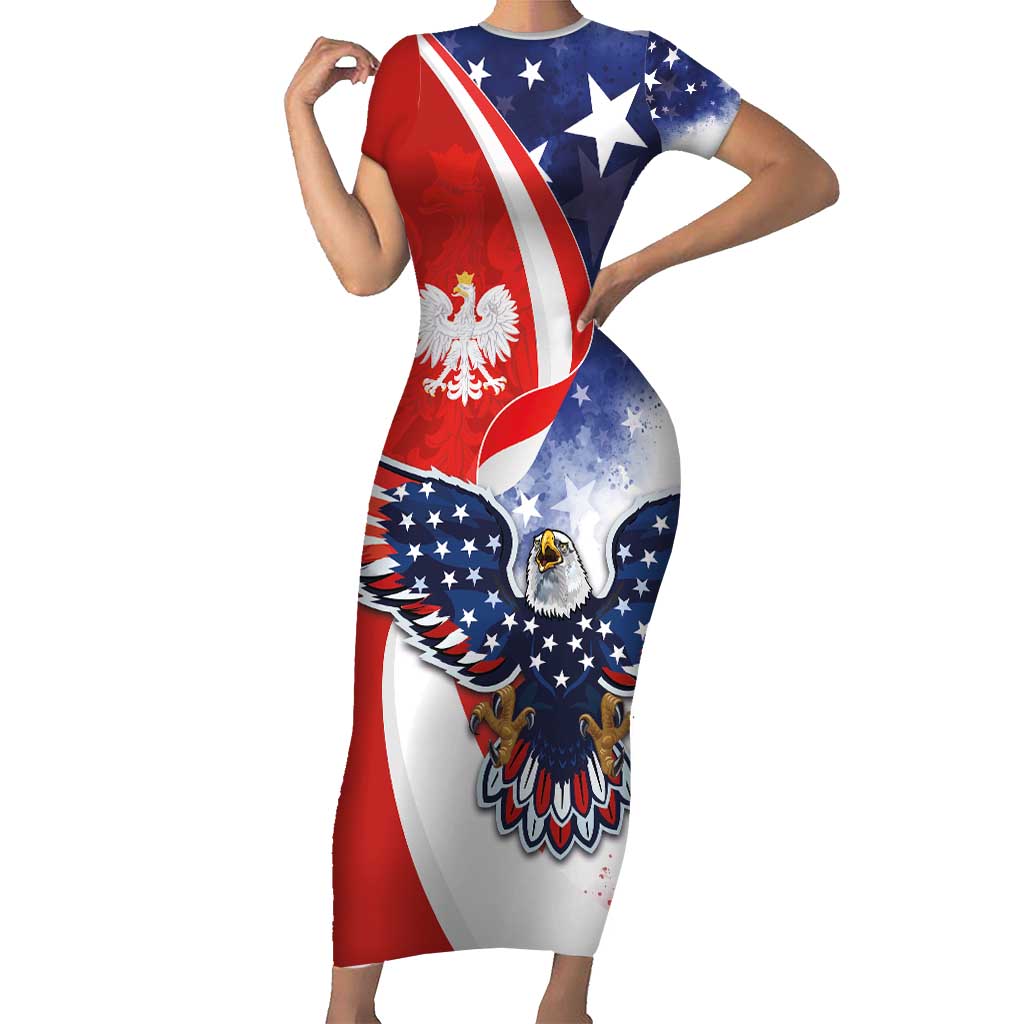 Polish American Heritage Month Short Sleeve Bodycon Dress USA Eagle and Poland Eagle with National Flag - Wonder Print Shop