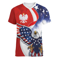 Polish American Heritage Month Women V-Neck T-Shirt USA Eagle and Poland Eagle with National Flag - Wonder Print Shop