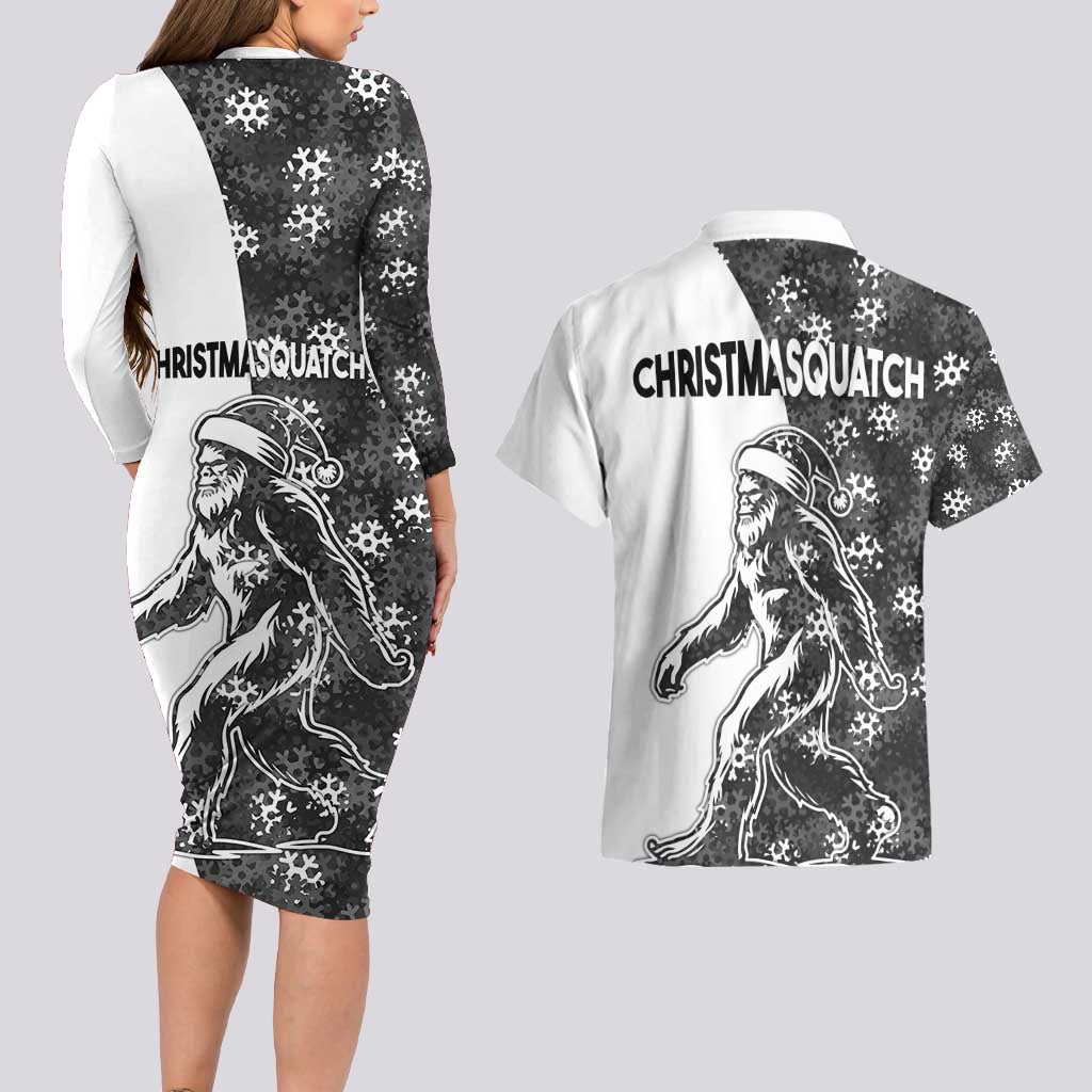 Funny Christmasquatch Camouflage of Snowflakes Couples Matching Long Sleeve Bodycon Dress and Hawaiian Shirt - Wonder Print Shop