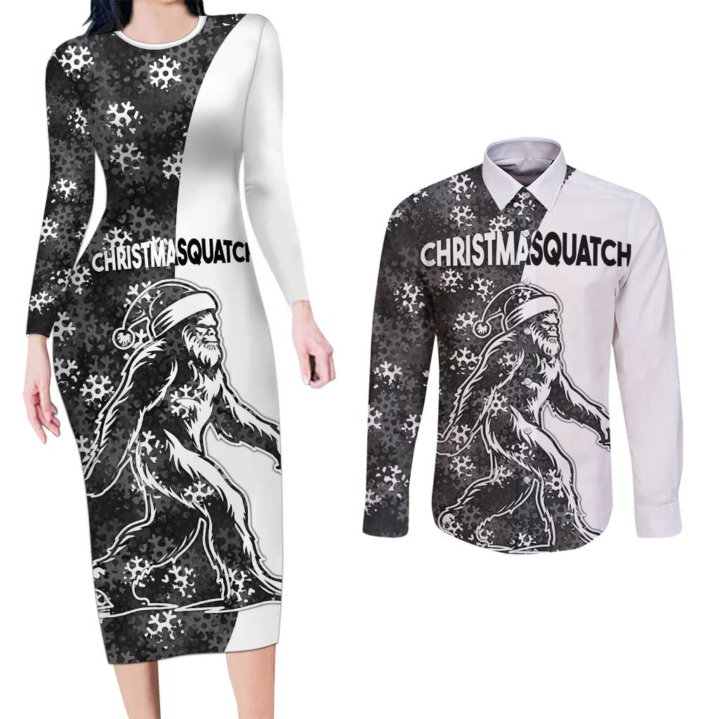 Funny Christmasquatch Camouflage of Snowflakes Couples Matching Long Sleeve Bodycon Dress and Long Sleeve Button Shirt - Wonder Print Shop