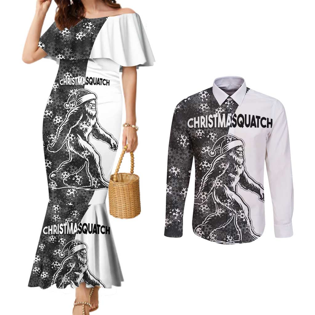 Funny Christmasquatch Camouflage of Snowflakes Couples Matching Mermaid Dress and Long Sleeve Button Shirt