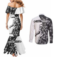 Funny Christmasquatch Camouflage of Snowflakes Couples Matching Mermaid Dress and Long Sleeve Button Shirt