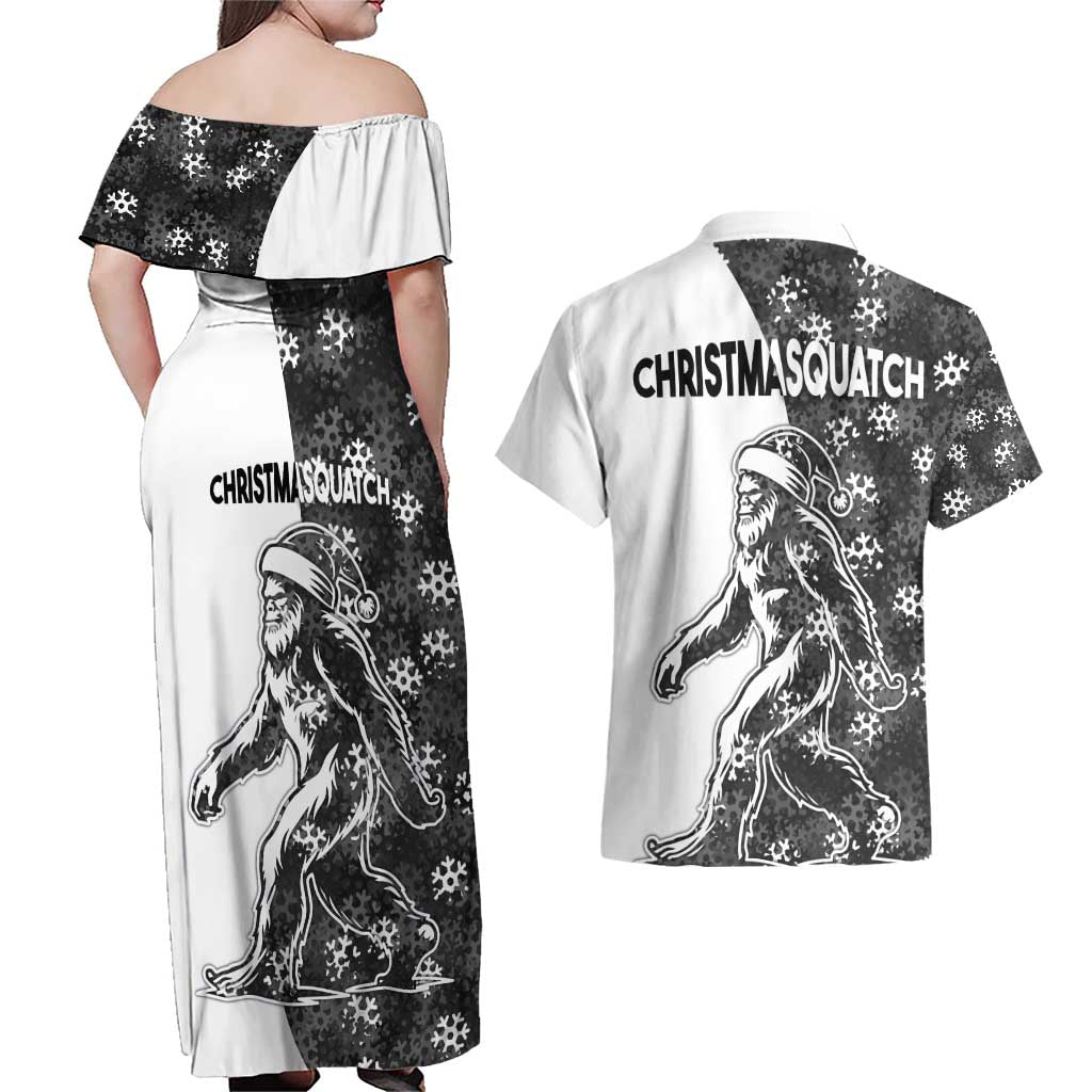 Funny Christmasquatch Camouflage of Snowflakes Couples Matching Off Shoulder Maxi Dress and Hawaiian Shirt - Wonder Print Shop