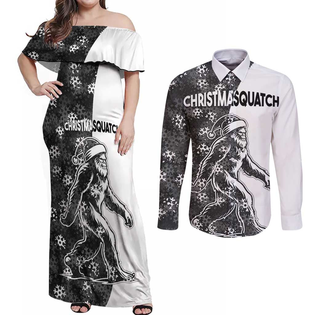 Funny Christmasquatch Camouflage of Snowflakes Couples Matching Off Shoulder Maxi Dress and Long Sleeve Button Shirt - Wonder Print Shop