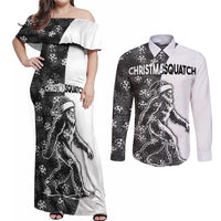 Funny Christmasquatch Camouflage of Snowflakes Couples Matching Off Shoulder Maxi Dress and Long Sleeve Button Shirt - Wonder Print Shop