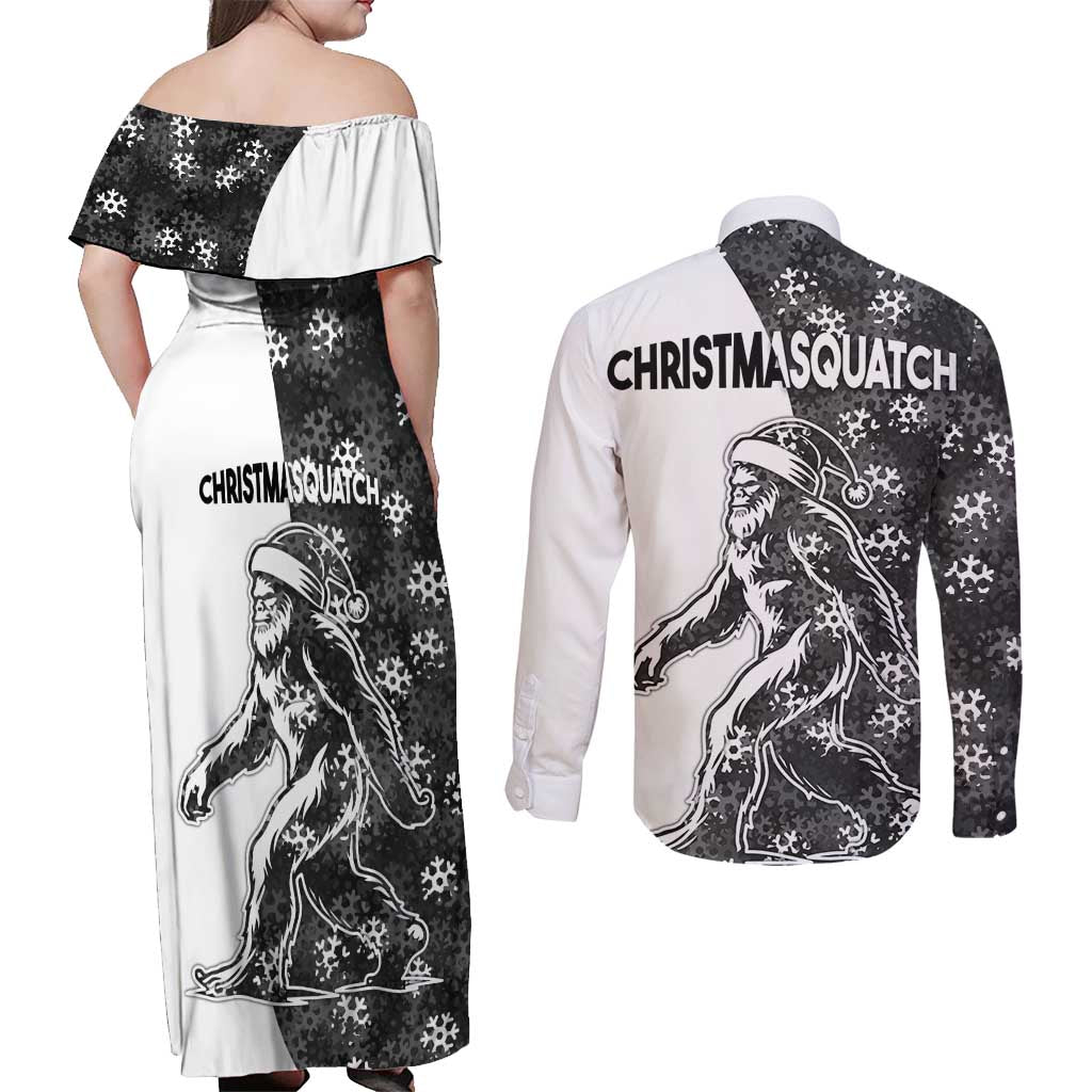 Funny Christmasquatch Camouflage of Snowflakes Couples Matching Off Shoulder Maxi Dress and Long Sleeve Button Shirt - Wonder Print Shop