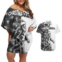 Funny Christmasquatch Camouflage of Snowflakes Couples Matching Off Shoulder Short Dress and Hawaiian Shirt - Wonder Print Shop