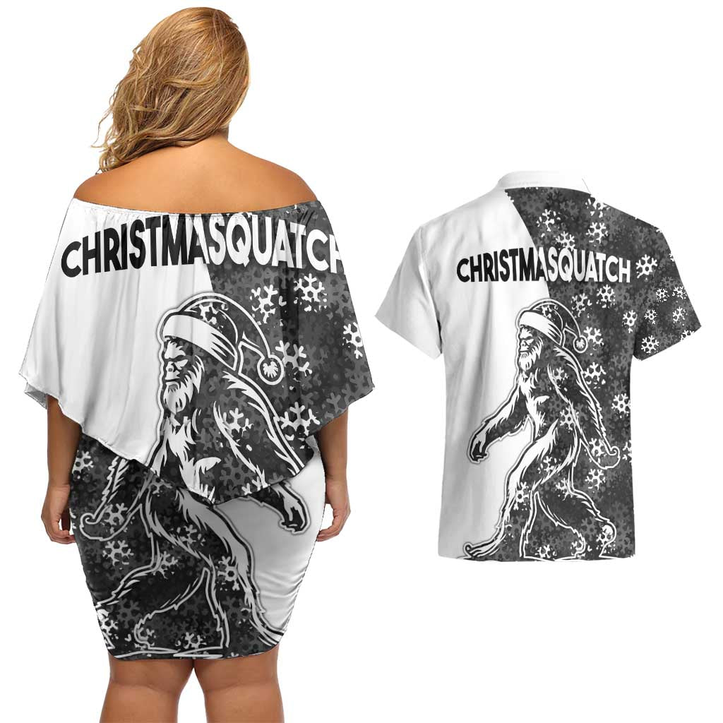 Funny Christmasquatch Camouflage of Snowflakes Couples Matching Off Shoulder Short Dress and Hawaiian Shirt - Wonder Print Shop