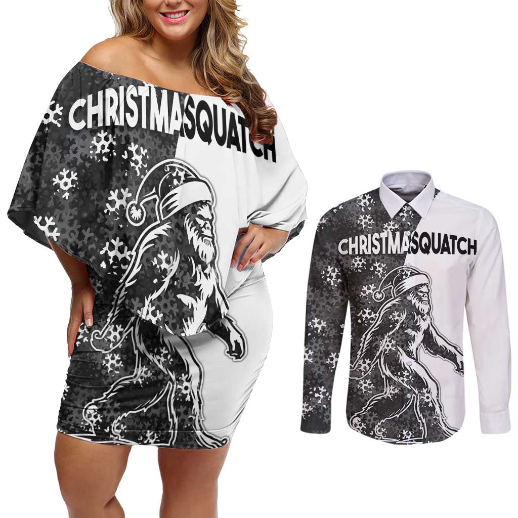 Funny Christmasquatch Camouflage of Snowflakes Couples Matching Off Shoulder Short Dress and Long Sleeve Button Shirt - Wonder Print Shop