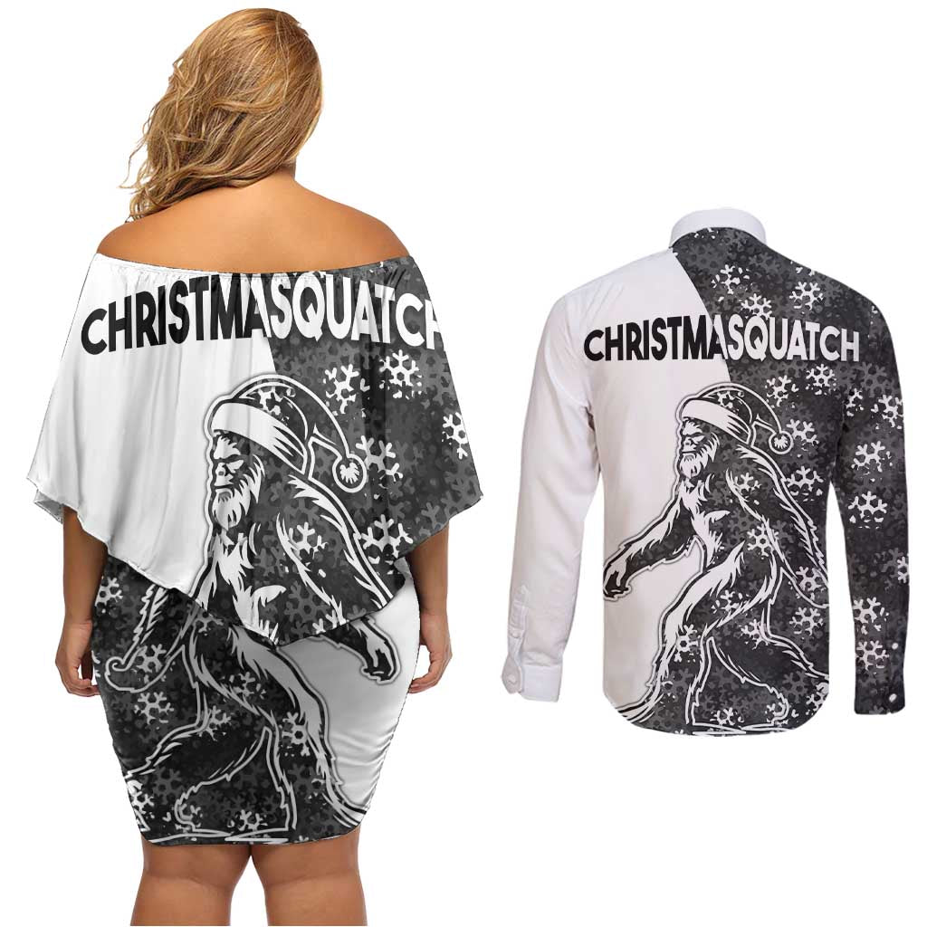 Funny Christmasquatch Camouflage of Snowflakes Couples Matching Off Shoulder Short Dress and Long Sleeve Button Shirt - Wonder Print Shop