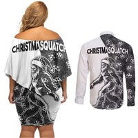 Funny Christmasquatch Camouflage of Snowflakes Couples Matching Off Shoulder Short Dress and Long Sleeve Button Shirt - Wonder Print Shop