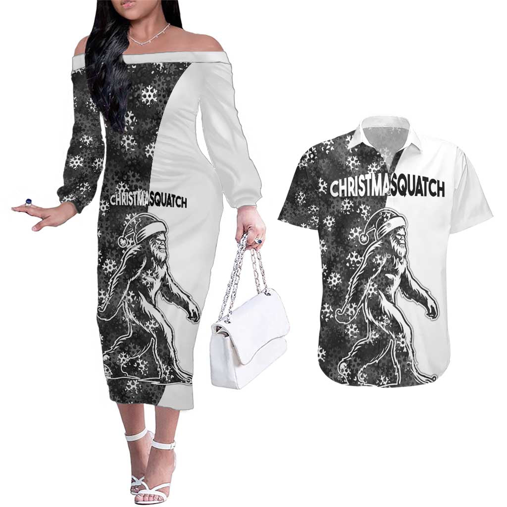 Funny Christmasquatch Camouflage of Snowflakes Couples Matching Off The Shoulder Long Sleeve Dress and Hawaiian Shirt - Wonder Print Shop