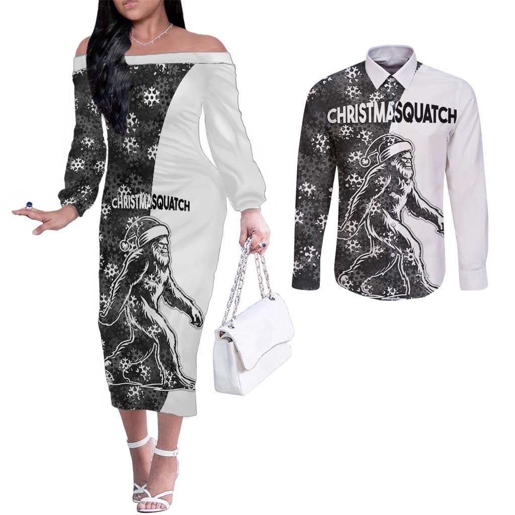 Funny Christmasquatch Camouflage of Snowflakes Couples Matching Off The Shoulder Long Sleeve Dress and Long Sleeve Button Shirt