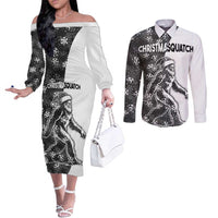 Funny Christmasquatch Camouflage of Snowflakes Couples Matching Off The Shoulder Long Sleeve Dress and Long Sleeve Button Shirt