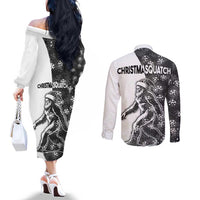 Funny Christmasquatch Camouflage of Snowflakes Couples Matching Off The Shoulder Long Sleeve Dress and Long Sleeve Button Shirt
