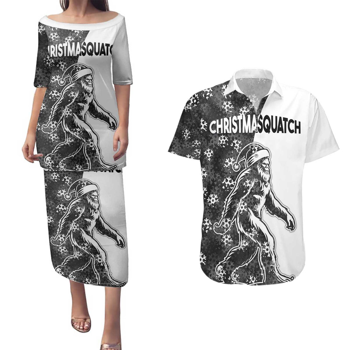 Funny Christmasquatch Camouflage of Snowflakes Couples Matching Puletasi and Hawaiian Shirt - Wonder Print Shop