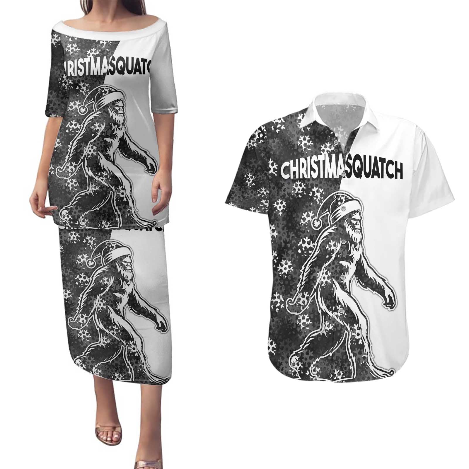 Funny Christmasquatch Camouflage of Snowflakes Couples Matching Puletasi and Hawaiian Shirt - Wonder Print Shop