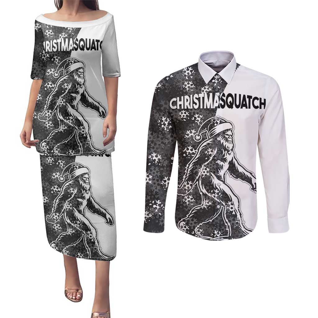Funny Christmasquatch Camouflage of Snowflakes Couples Matching Puletasi and Long Sleeve Button Shirt - Wonder Print Shop