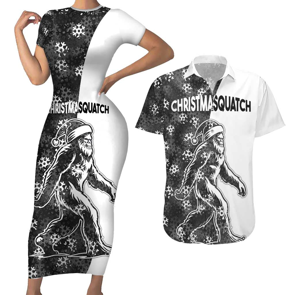 Funny Christmasquatch Camouflage of Snowflakes Couples Matching Short Sleeve Bodycon Dress and Hawaiian Shirt - Wonder Print Shop