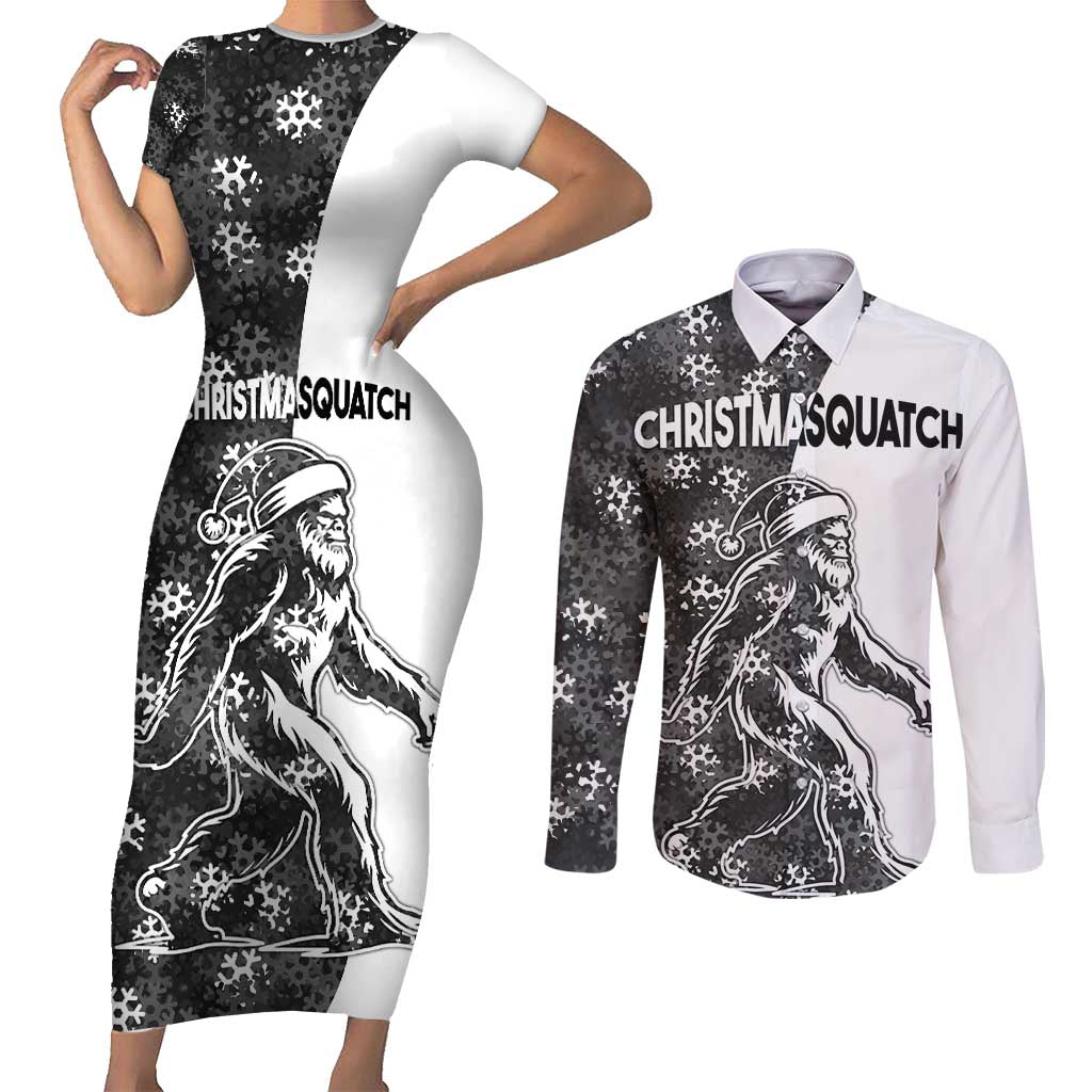 Funny Christmasquatch Camouflage of Snowflakes Couples Matching Short Sleeve Bodycon Dress and Long Sleeve Button Shirt - Wonder Print Shop