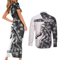 Funny Christmasquatch Camouflage of Snowflakes Couples Matching Short Sleeve Bodycon Dress and Long Sleeve Button Shirt - Wonder Print Shop