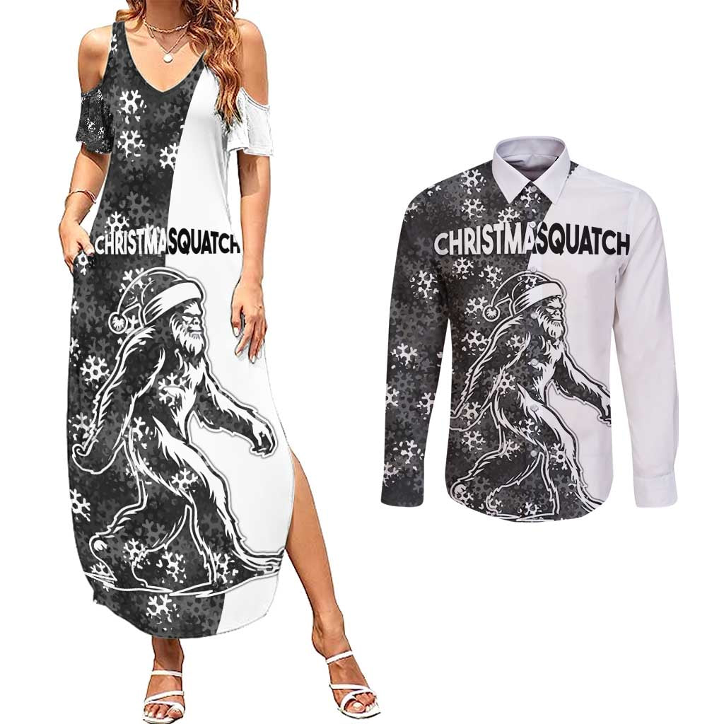Funny Christmasquatch Camouflage of Snowflakes Couples Matching Summer Maxi Dress and Long Sleeve Button Shirt - Wonder Print Shop