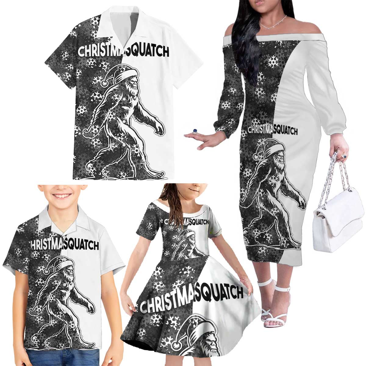 Funny Christmasquatch Camouflage of Snowflakes Family Matching Off The Shoulder Long Sleeve Dress and Hawaiian Shirt - Wonder Print Shop