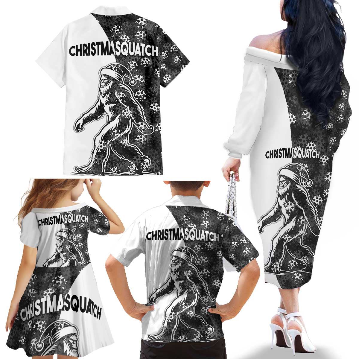 Funny Christmasquatch Camouflage of Snowflakes Family Matching Off The Shoulder Long Sleeve Dress and Hawaiian Shirt - Wonder Print Shop