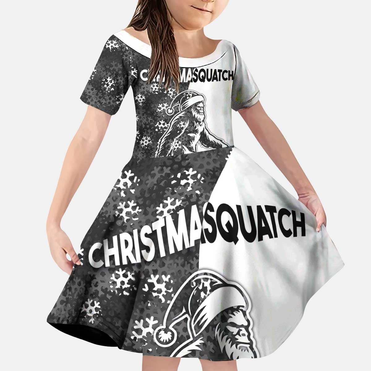 Funny Christmasquatch Camouflage of Snowflakes Kid Short Sleeve Dress - Wonder Print Shop