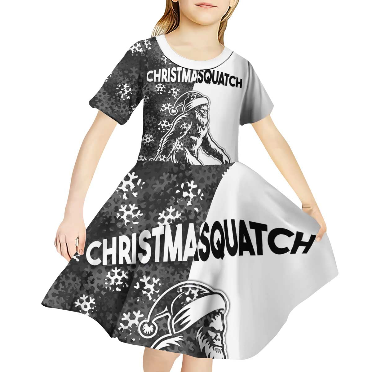 Funny Christmasquatch Camouflage of Snowflakes Kid Short Sleeve Dress - Wonder Print Shop