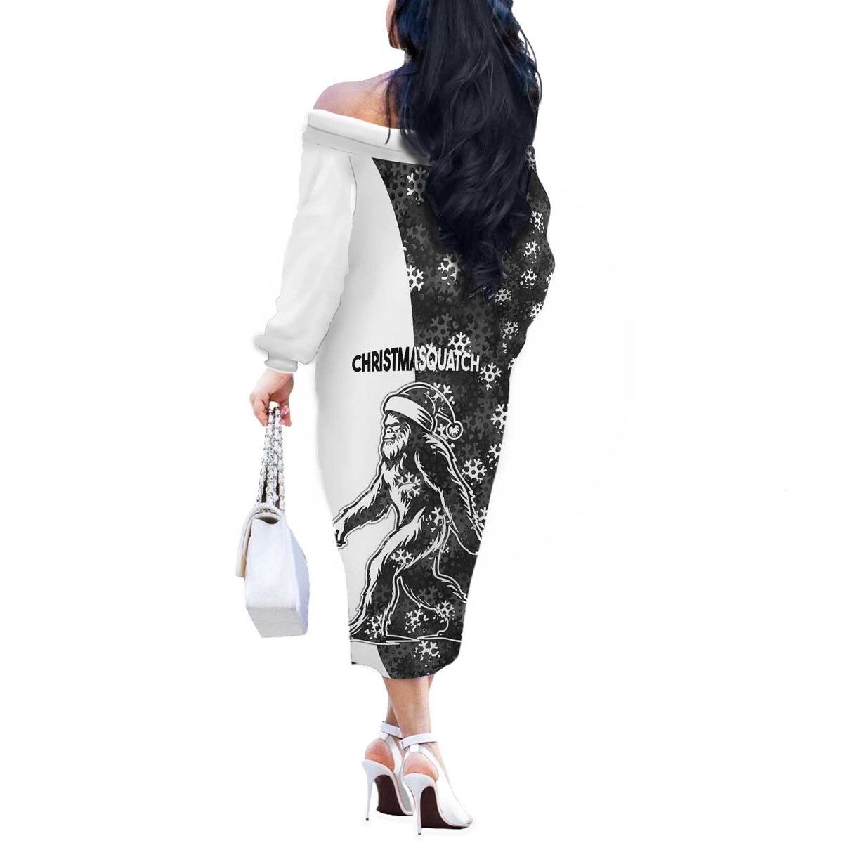 Funny Christmasquatch Camouflage of Snowflakes Off The Shoulder Long Sleeve Dress - Wonder Print Shop