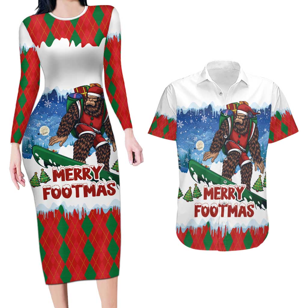 Christmas Bigfoot Ride Snowboard Couples Matching Long Sleeve Bodycon Dress and Hawaiian Shirt Merry Footmas Xmas Style - Wonder Print Shop