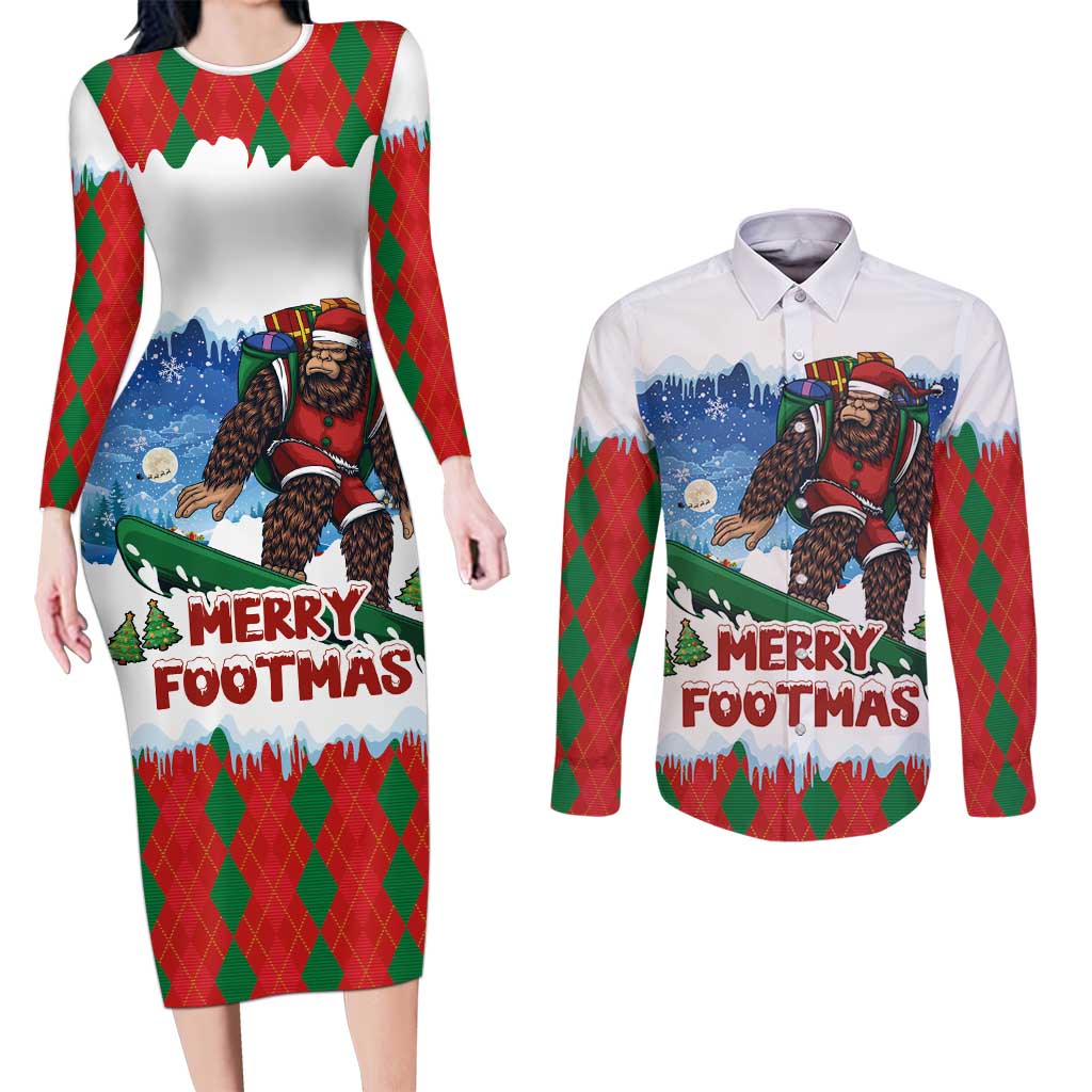Christmas Bigfoot Ride Snowboard Couples Matching Long Sleeve Bodycon Dress and Long Sleeve Button Shirt Merry Footmas Xmas Style - Wonder Print Shop