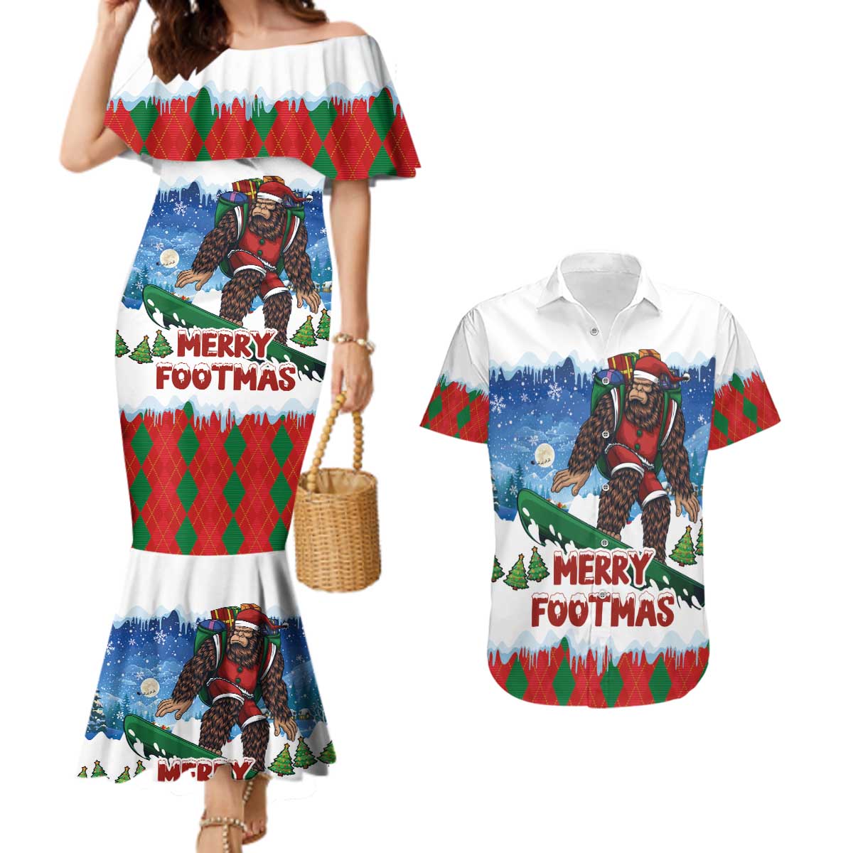 Christmas Bigfoot Ride Snowboard Couples Matching Mermaid Dress and Hawaiian Shirt Merry Footmas Xmas Style - Wonder Print Shop