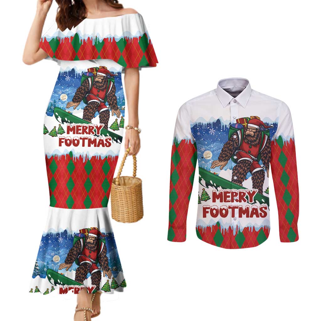 Christmas Bigfoot Ride Snowboard Couples Matching Mermaid Dress and Long Sleeve Button Shirt Merry Footmas Xmas Style