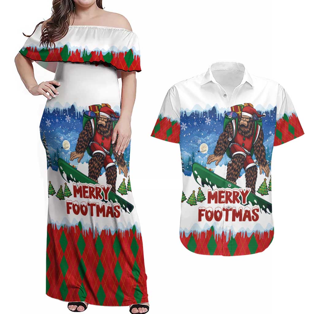 Christmas Bigfoot Ride Snowboard Couples Matching Off Shoulder Maxi Dress and Hawaiian Shirt Merry Footmas Xmas Style - Wonder Print Shop