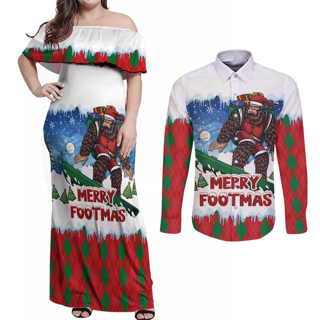 Christmas Bigfoot Ride Snowboard Couples Matching Off Shoulder Maxi Dress and Long Sleeve Button Shirt Merry Footmas Xmas Style - Wonder Print Shop