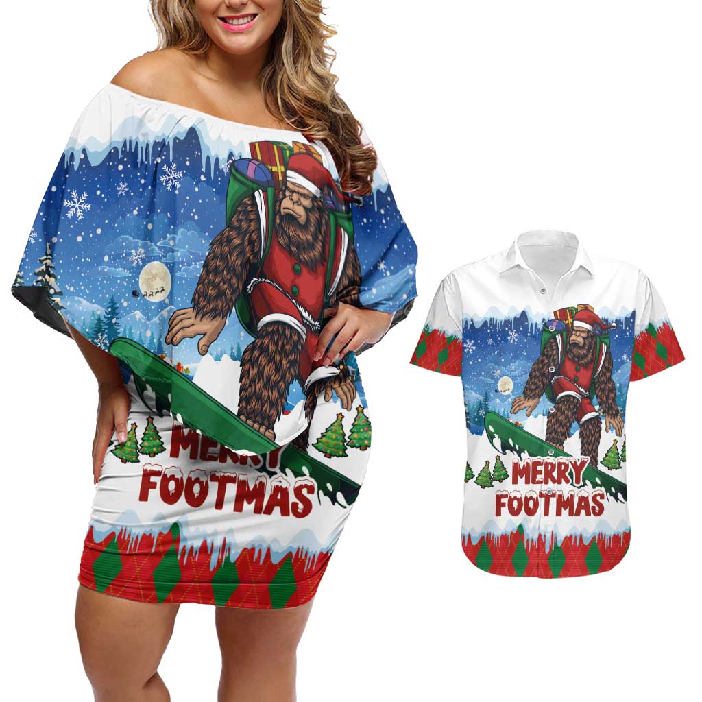 Christmas Bigfoot Ride Snowboard Couples Matching Off Shoulder Short Dress and Hawaiian Shirt Merry Footmas Xmas Style - Wonder Print Shop
