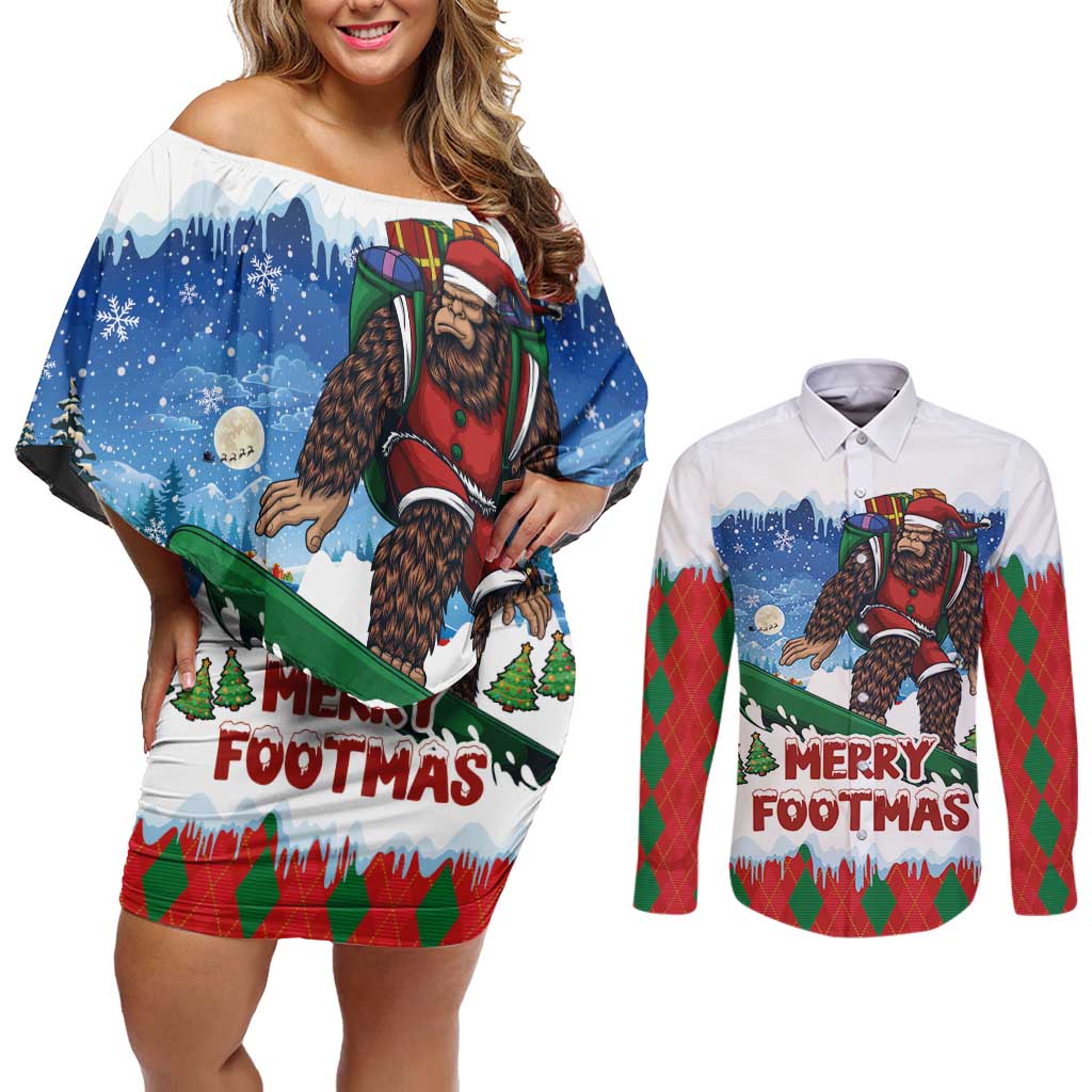 Christmas Bigfoot Ride Snowboard Couples Matching Off Shoulder Short Dress and Long Sleeve Button Shirt Merry Footmas Xmas Style - Wonder Print Shop