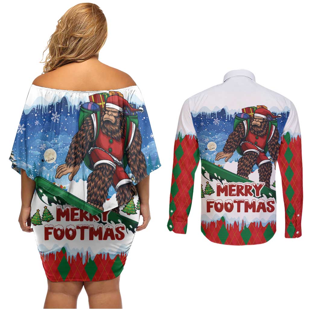 Christmas Bigfoot Ride Snowboard Couples Matching Off Shoulder Short Dress and Long Sleeve Button Shirt Merry Footmas Xmas Style - Wonder Print Shop