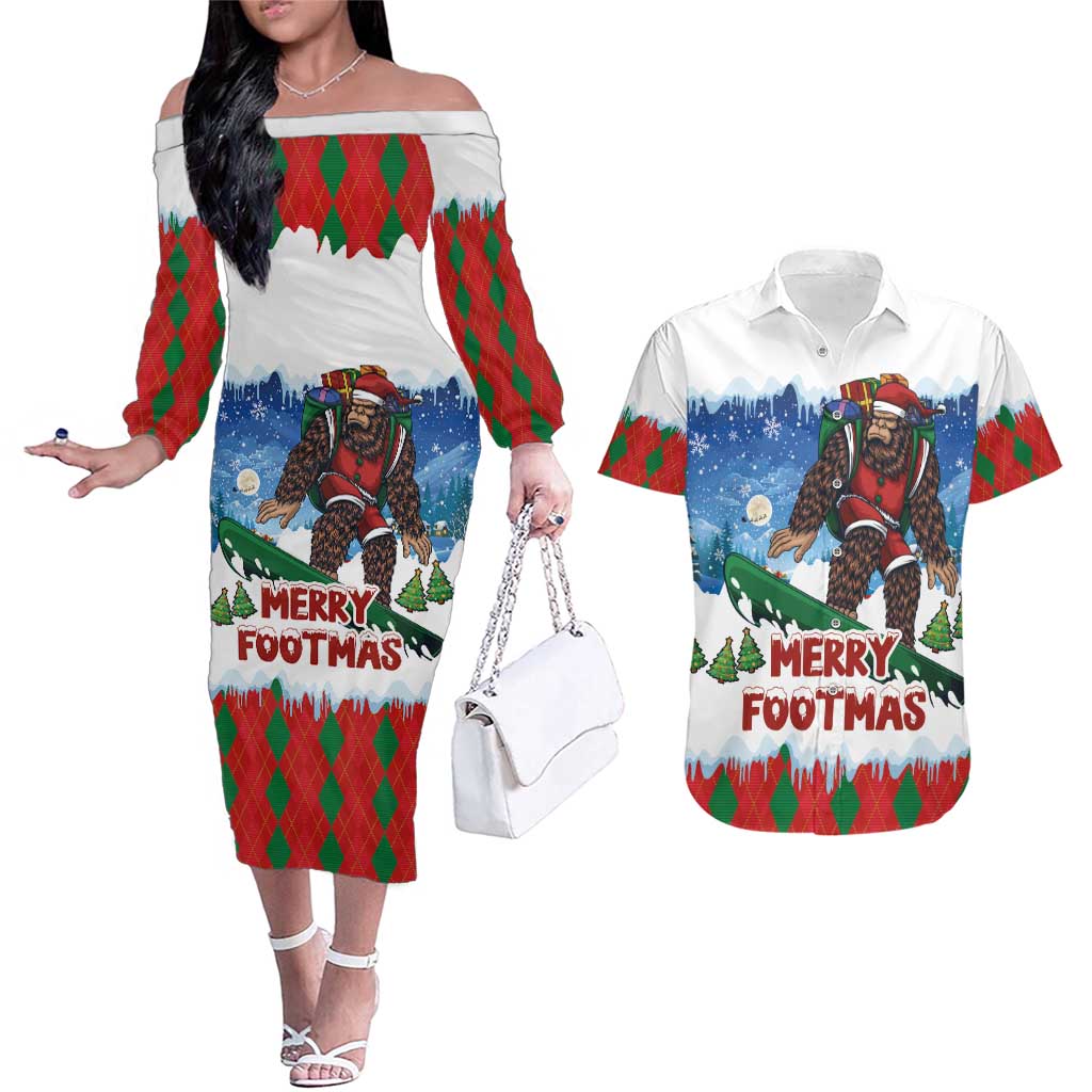 Christmas Bigfoot Ride Snowboard Couples Matching Off The Shoulder Long Sleeve Dress and Hawaiian Shirt Merry Footmas Xmas Style - Wonder Print Shop