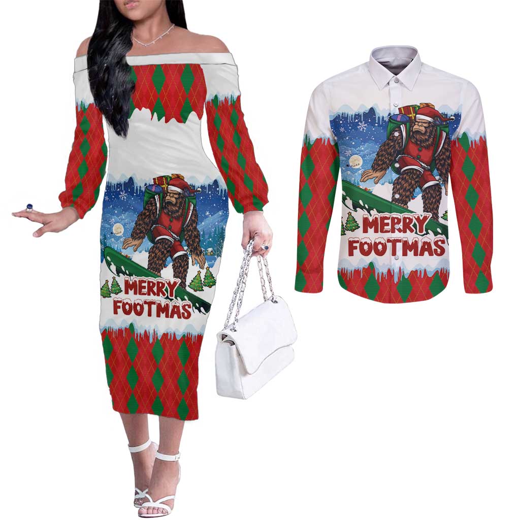 Christmas Bigfoot Ride Snowboard Couples Matching Off The Shoulder Long Sleeve Dress and Long Sleeve Button Shirt Merry Footmas Xmas Style