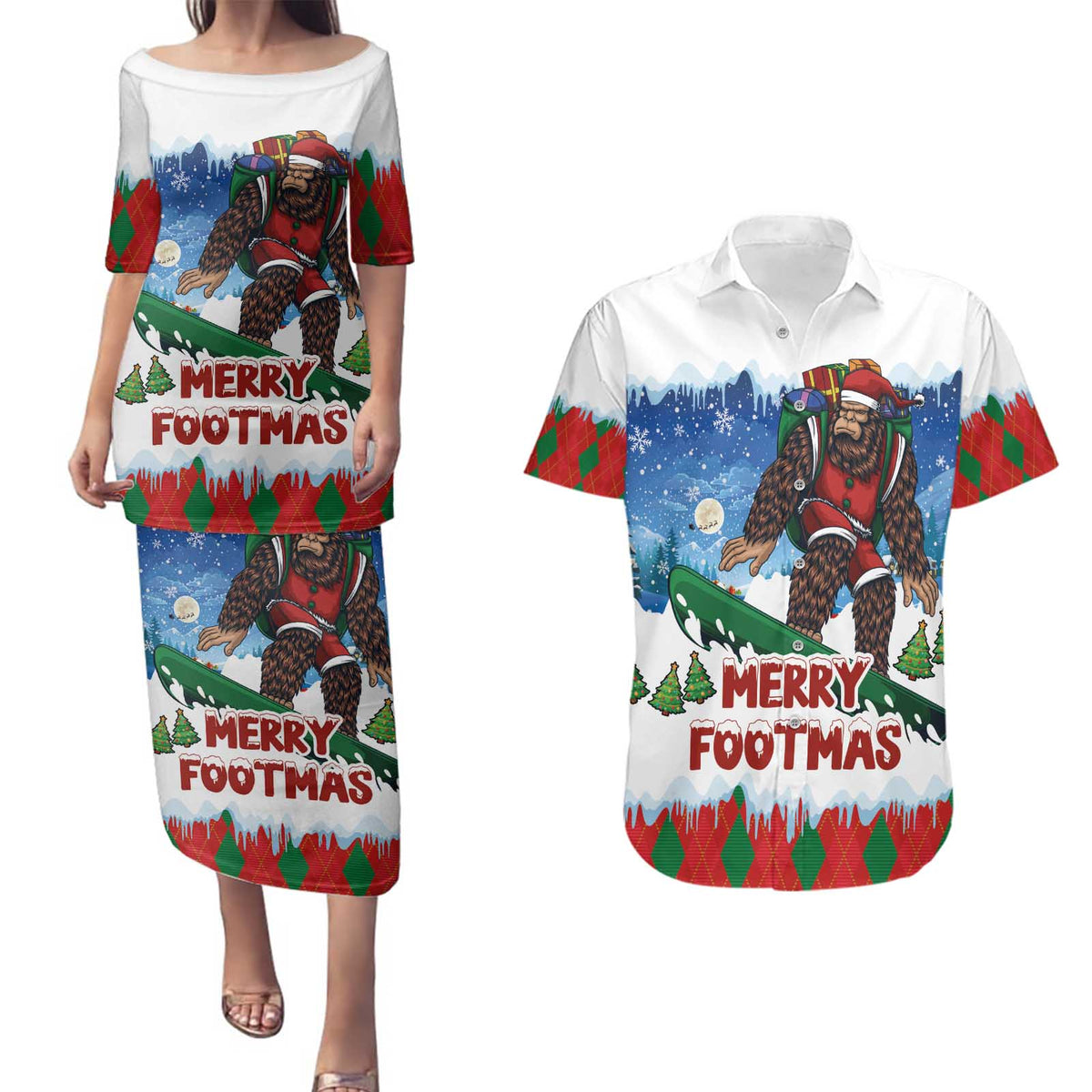 Christmas Bigfoot Ride Snowboard Couples Matching Puletasi and Hawaiian Shirt Merry Footmas Xmas Style - Wonder Print Shop