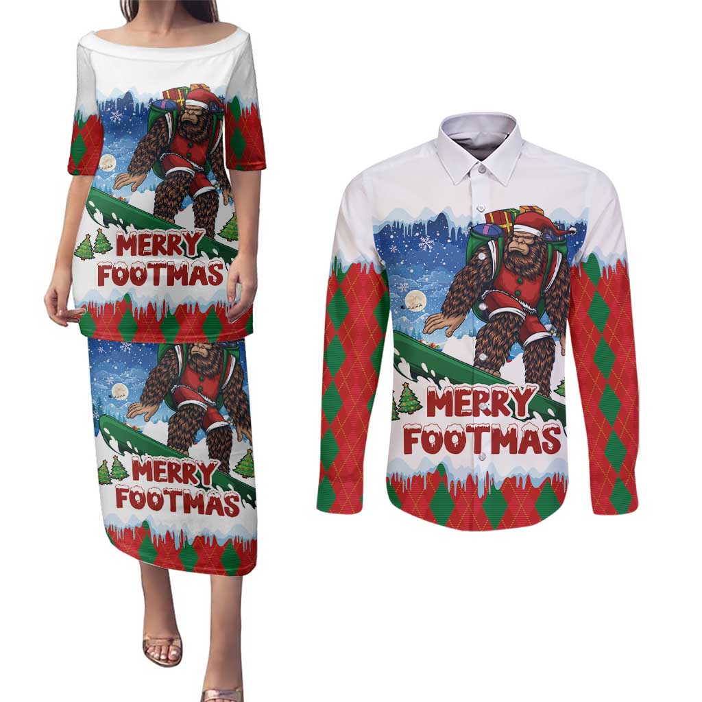 Christmas Bigfoot Ride Snowboard Couples Matching Puletasi and Long Sleeve Button Shirt Merry Footmas Xmas Style - Wonder Print Shop