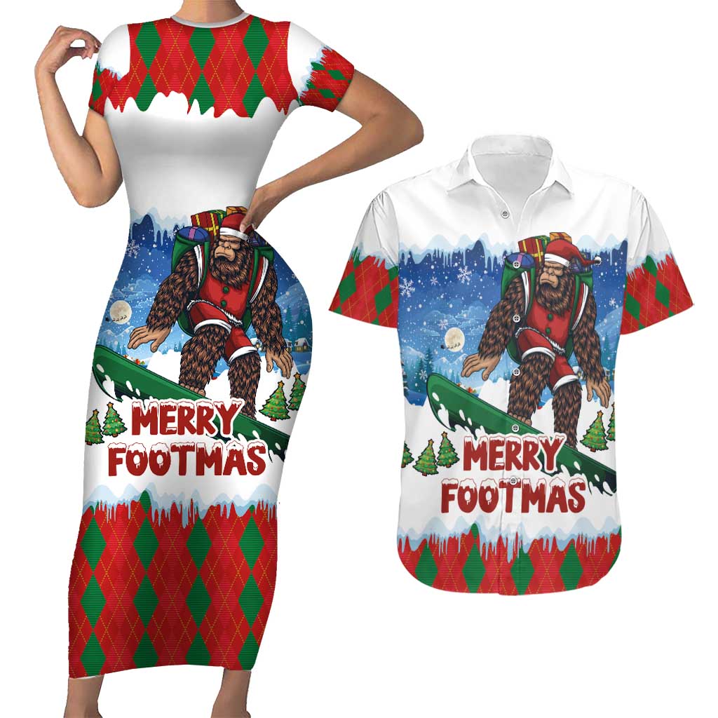Christmas Bigfoot Ride Snowboard Couples Matching Short Sleeve Bodycon Dress and Hawaiian Shirt Merry Footmas Xmas Style - Wonder Print Shop
