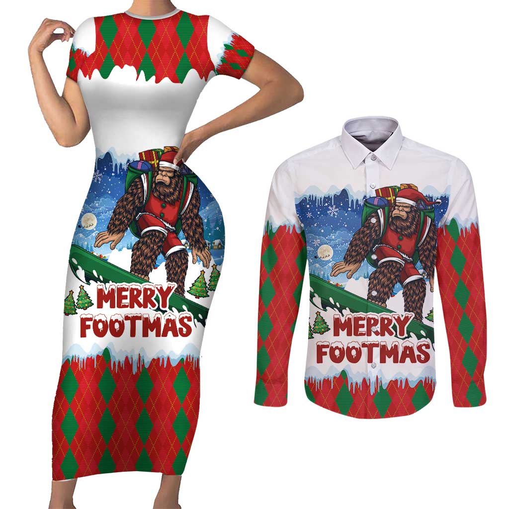 Christmas Bigfoot Ride Snowboard Couples Matching Short Sleeve Bodycon Dress and Long Sleeve Button Shirt Merry Footmas Xmas Style - Wonder Print Shop