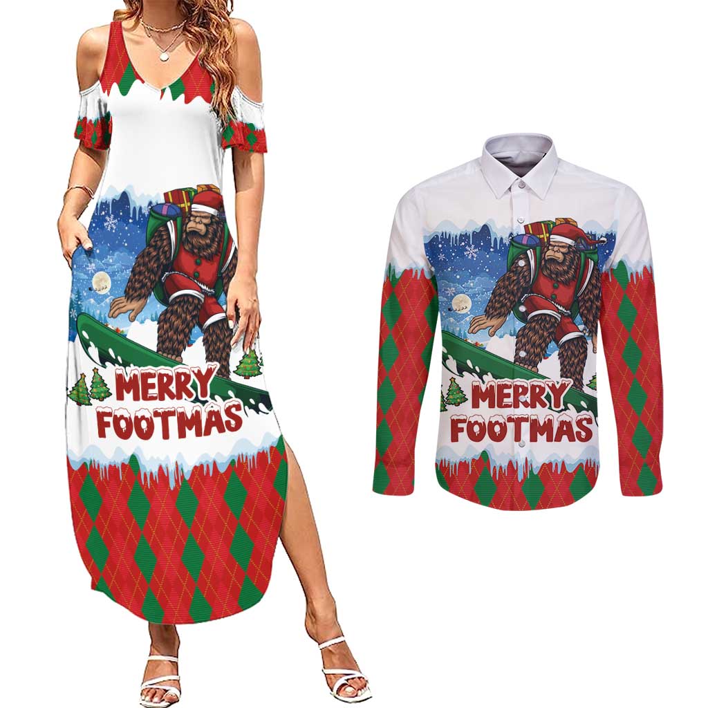 Christmas Bigfoot Ride Snowboard Couples Matching Summer Maxi Dress and Long Sleeve Button Shirt Merry Footmas Xmas Style - Wonder Print Shop