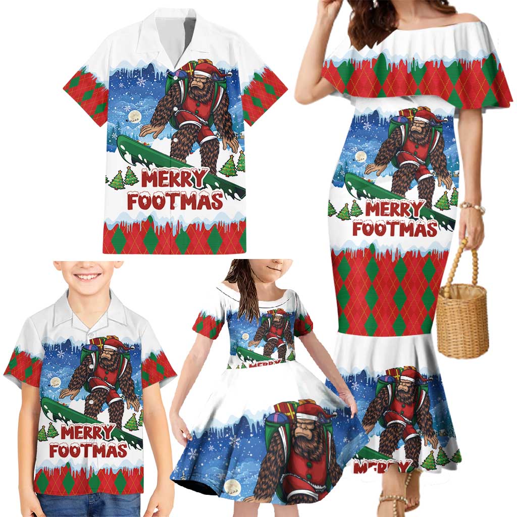 Christmas Bigfoot Ride Snowboard Family Matching Mermaid Dress and Hawaiian Shirt Merry Footmas Xmas Style - Wonder Print Shop